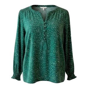 J. Jill Green Button Front Blouse Smocked Cuffs Long Sleeve Dot Print Women’s M